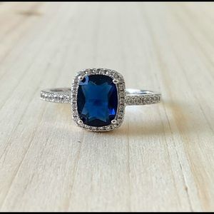 Sapphire ring emerald cut cz halo cut